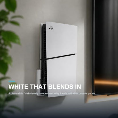 PS5 Wall Mount, White Heavy Duty 2.5mm Steel Console Bracket Compatible with PS5, Space-Saving Holder with 2 Controller Mounts