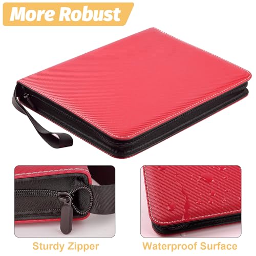 GERMUN 4 Pocket Card Binder, Premium Zip Trading Card Binder, 400 Double Sided Pocket PU Card Collection Binder, Collector Card Album, Card Folder for MTG, TCG, Sports Cards, Game Cards (Red) - color: 4 Pocket 400 Carbon Red