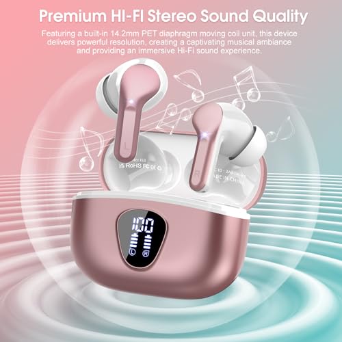 Wireless Earbuds, Bluetooth 5.4 Headphones HiFi Stereo, Bluetooth Earbuds with ENC Noise Cancelling Mic, IP7 Waterproof in Ear Earphones, 48H, LED Display Ear buds for Pad Workout Sports, Rose Gold - color: Rose Gold