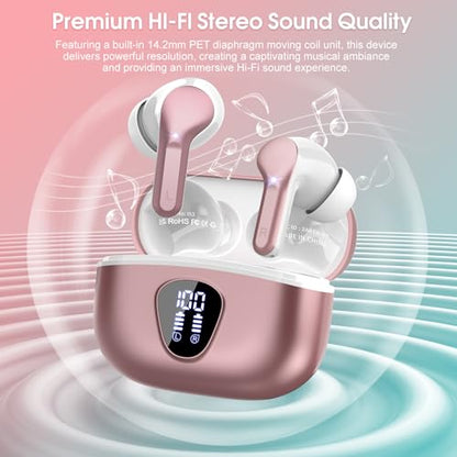 Wireless Earbuds, Bluetooth 5.4 Headphones HiFi Stereo, Bluetooth Earbuds with ENC Noise Cancelling Mic, IP7 Waterproof in Ear Earphones, 48H, LED Display Ear buds for Pad Workout Sports, Rose Gold - color: Rose Gold