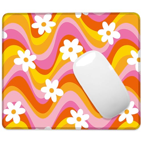 Retro Floral Groovy Daisy Mouse Pad Square MousePads Non-Slip Rubber Base Mouse Mat Desk Pad with Stitched Edge for Desk Computers Laptop Office, 9.5x8 Inches - color: Retro Floral Groovy Daisy