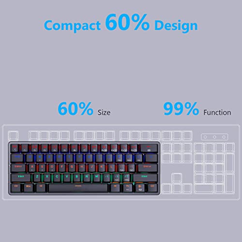 Redragon 60 Percent Mini Keyboard, Mechanical Gaming Keyboard with Low Profile Blue Switches, 18 LED Backlits, Wired Compact Portable Keyboard for Windows PC Mac, Typing, Travel, K616