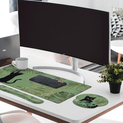 Britimes Sage Olive Green Leaves Keyboard Mouse Pad Set Funny Cute Cat 4in1 Large Mousepad+Keyboard Wrist Rest+Mouse Wrist Rest+Coaster Ergonomic Design for Home Office Computer 35.4x15.7 inches - color: Green Cloud