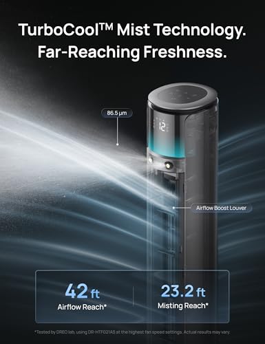 DREO TurboCool Outdoor Misting Fan 711AS, 33 ft/s High Velocity, 20dB Quiet | 12 Speeds, 4 Modes, 150° Customizable Oscillating, Smart Standing Fan for Bedroom, DC Motor, IPX4-rated Weather Resistant - color: Charcoal