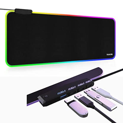 TIDALSOIL RGB 게이밍 마우스 패드, 4포트 USB 허브, 80x30cm 데스크 매트 | 4포트 USB 허브가 있는 13가지 조명 모드 RGB 게이밍 마우스 패드. 80x30cm 확장 책상 매트, 두께 0.38cm, 미끄럼 방지 베이스 - size: 11.8L x 31.5W inches