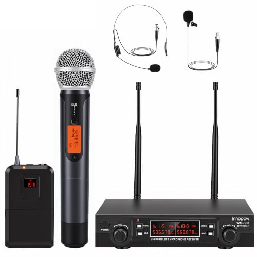 innopow 200-Channel Wireless Microphones System, Wireless Lavalier Microphone, Dual UHF Bodypack Cordless Lavalier Mic System Set, Auto Scan, Long Range 200-240Ft, 16 Hours Ideal for Church (Black)