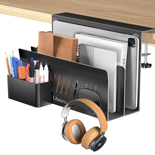 Litwaro Desk Side Storage Organizer, 2 Tier Laptop Holder Clamp on Desk Organizer, No Drill Laptop Mount with Magnetic Pen Holder, Hanging Desk Organizer Fits Flat Edge Table 0.4" to 2.1" (Black) - color: Black, size: 11.8"-2Tier