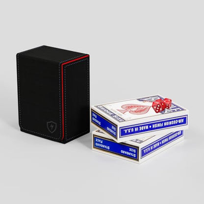 Double Decker Leather Poker Card Case - Holds Two Sets of Poker Size Cards - Premium Dual-Deck Holder with Stylish Design and Secure Closure (Black-Red) - color: Black-Red
