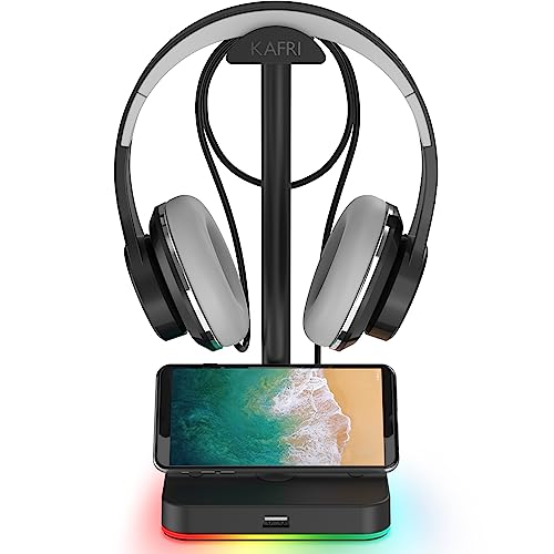 KAFRI RGB Headphone Stand with USB Hub Desk Gaming Headset Holder Hanger Rack with 1 USB2.0 Extension Charging Port Extender Cord - Suitable for Gamer Desktop Table Game Earphone Accessories, Black - color: Black