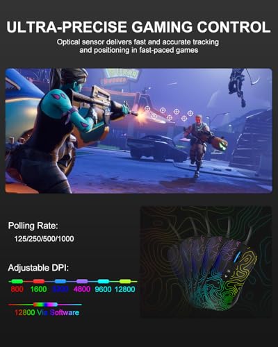 Womier G706 USB Wired Gaming Mouse for PC Computer Windows Mac Laptop, Lightweight Silent RGB Backlit Mouse with Adjustable 12000DPI/7 Programmable Side Buttons,Topographic Theme (Black Topographic) - color: Black Topographic