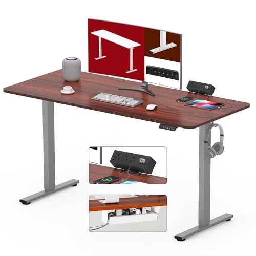 SANODESK Electric Standing Desk with Desk Clamp Power Strip 48"x 24" Whole-Piece Desktop Height Adjustable Stand Up Desk with Cable Management Sit Stand Home Office Desk Silver Frame/Mahogany Top - color: Silver Frame+mahogany Top, size: 48"x24"