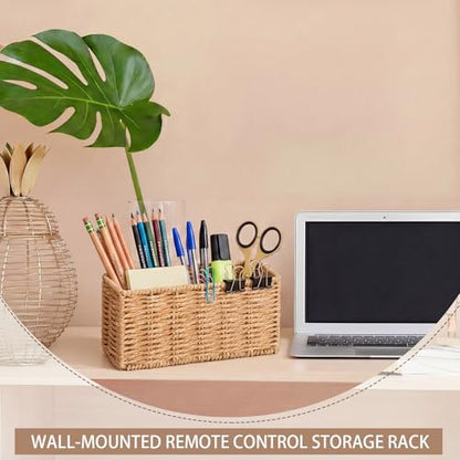 Woven Paper Rope Remote Control Holder Organizer Handmade Wall Hanging Remote Storage Basket with Hooks Boho Farmhouse Wall Organizer for Living Room Bedroom Office Dorm Decor