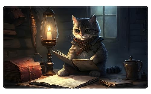 Playmat 24" x 14" Game Mats Tabletop Magic for MTG/TCG Cards, Trading Card Game Playing Stitched Play Mats Commander Deck Gaming Desk Mat Card Gameplay Mats, Cat and Dungeons - color: Cat and Dungeons, size: 24"X14"