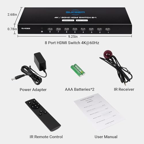 4K@60Hz HDMI Switch 8 in 1 Out, HDMI Switcher Selector Box with IR Remote Control, Support 4K 60Hz Ultra HDR HDCP 3D for Xbox PS5 PS4 Xbox PC Laptop