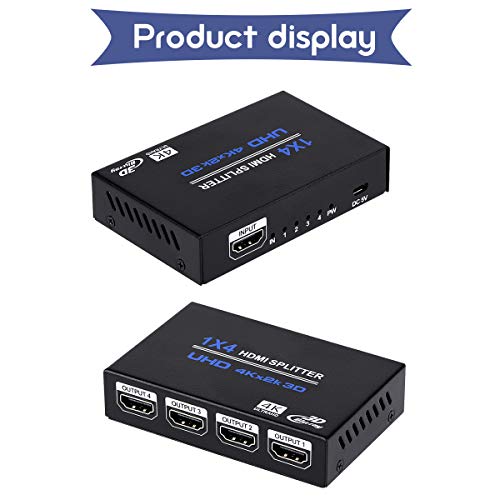1x4 HDMI Splitter, 1 in 4 Out HDMI Splitter Audio Video Distributor Box Support 3D & 4K x 2K Compatible for HDTV, STB, DVD, PS3, Projector Etc, Duplicate/Mirror Screen Only (Not Extend)