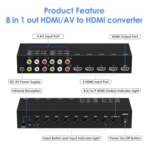 8-in-1 HDMI/AV Switch with Remote Control, 4K@60Hz 4:4:4, 4×HDMI & 4×RCA Inputs to 1×HD MI Output, HDR10/Dolby Vision, 18Gbps, 3D Support for TV/Projector/Monitor - size: 4 HDMI+4 RCA Inputs & 1 HDMI Output