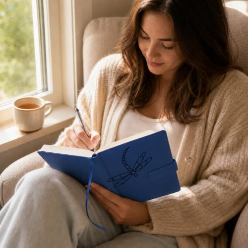 The Amazing Office Dragonfly Refillable Journal, Blue Faux Leather, 200 Lined Pages, 5.75x8.5 Inch Notebook with Magnetic Clasp and Pen Holder, Writing Diary for Women and Men - color: Dragonfly Blue
