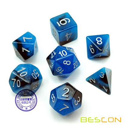 Bescon Two-Tone Glow-in-The-Dark Polyhedral Dice Set Blue Dawn, Luminous RPG Dice Set d4 d6 d8 d10 d12 d20 d% Brick Box Pack - color: Blue Dawn