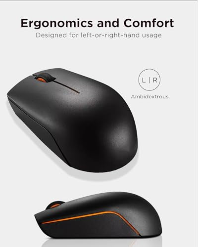Lenovo 300 Wireless Mouse, Black, Computer Mouse for PC and Laptop with Windows, Ambidextrous Design, 2.4 GHz Nano USB Receiver, 12 Month Battery Life - color: Black