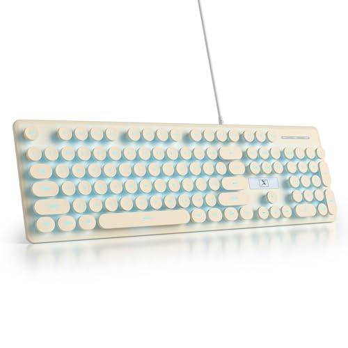 surmen Cute Quiet Keyboard Wired Retro Typewriter, Full Size Soft Keyboards with Number Pad, Round Keys, Backlit USB for Office, Desktop, Laptop (Beige) - color: Beige