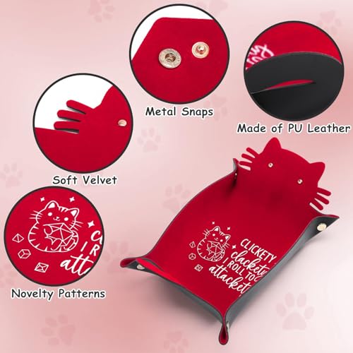 Red Cats Dice Tray Novelty Cat PU Leather Rolling Dice Tray Portable Dice Holder Cute Cat Desk Organizer Funny Gift for RPG, DND Game Players - color: Red