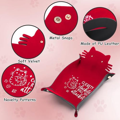 Red Cats Dice Tray Novelty Cat PU Leather Rolling Dice Tray Portable Dice Holder Cute Cat Desk Organizer Funny Gift for RPG, DND Game Players - color: Red