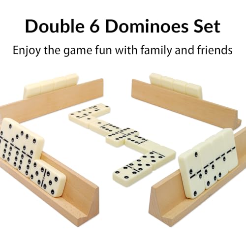 Dominos Set for Adults with 4 Wooden Racks, Double 6 Dominoes Game Set with 28 Colored Domino Tiles Double Six Dominos Set with Travel Case - Classic Board Games