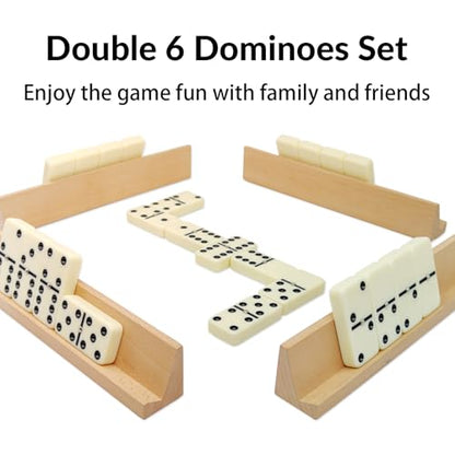 Dominos Set for Adults with 4 Wooden Racks, Double 6 Dominoes Game Set with 28 Colored Domino Tiles Double Six Dominos Set with Travel Case - Classic Board Games