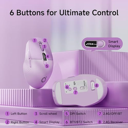 Wireless Bluetooth Mouse with Visible Battery & DPI Screen, Multi-Device BT & 2.4G Computer Mouse, 500 mAh Rechargeable, 1600DPI, Silent Portable Optical Mice for Laptop, PC, Mac, iPad - Purple - color: Purple