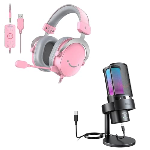 FIFINE USB Gaming Headset and PC Computer Microphone,Over-Ear Wired Streaming Headset with 3.5mm Jack,7.1 Surround Sound,Control Box,for PS5/Xbox/Switch,RGB Condenser Desktop Mic for Mac(H9P+A8 Plus)