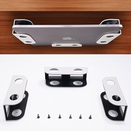 BYMECOST Under Desk Laptop Mount, Metal Under Desk Storage Holder, White | for Devices Up to 1.37" Thick, MacBook, Mini, Keyboard, Router, with Anti-Scratch Silicone - color: White, size: 1.37" without hook