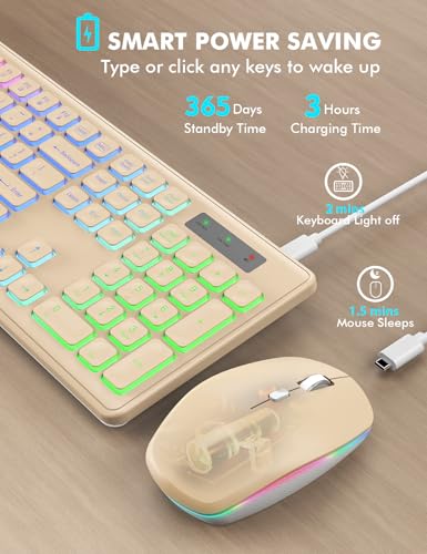Wireless Keyboard and Mouse Combo, RGB Backlit, Trueque KM42Pro | RGB Rainbow Backlit, Rechargeable Keyboard Mouse, Sleep Mode, 2.4GHz Wireless, Silent Soft Typing, USB-C Adapter - color: Sand Gold