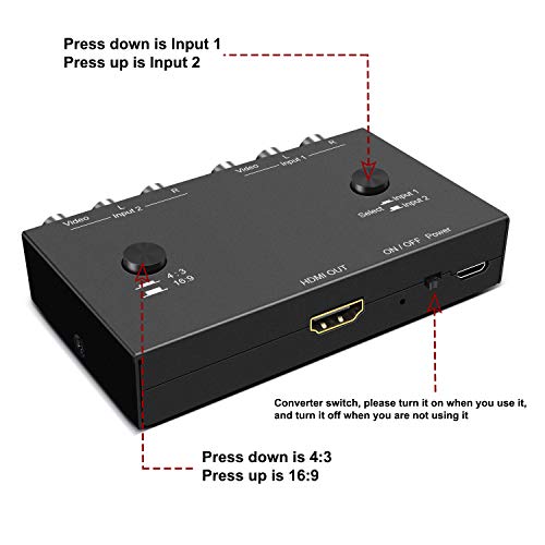 Dingsun 2 Port AV to HDMI Converter, RCA to HDMI Adapter Support 16:9/4:3 Compatible with WII, N64, PS2, VHS, VCR DVD Players etc - style: 2Port RCA to HDMI Converter