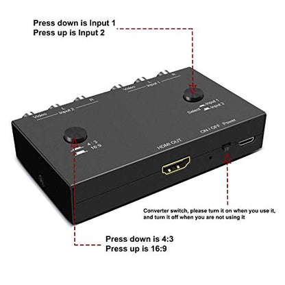 Dingsun 2 Port AV to HDMI Converter, RCA to HDMI Adapter Support 16:9/4:3 Compatible with WII, N64, PS2, VHS, VCR DVD Players etc - style: 2Port RCA to HDMI Converter