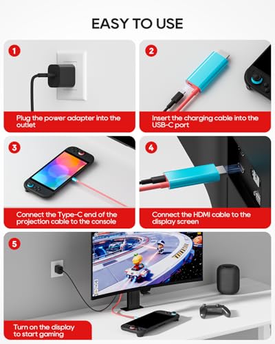 Portable Dock 4K with 65W Charger & 6.5' HDMI for Nintendo Switch 2/1/OLED/Steam Deck/ROG Ally/Legion Go/Laptop etc. Travel Docking Station TV Accessories, USB-C Charging Cable, AC Adapter Power Cord