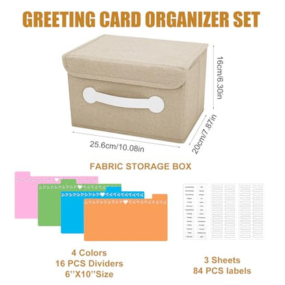 Greeting Card Organizer Box with 16 Dividers,Collapsible Greeting Card Storage Box With Lids，Ideal for Greeting Cards,Recipes, Photos, Envelopes, Keepsake（Beige，84 Pcs Labels） - color: Beige