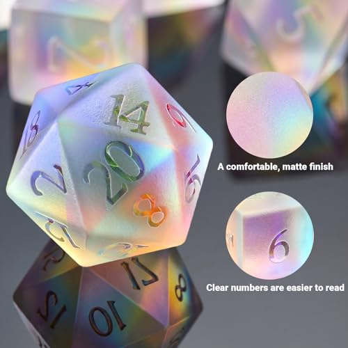 Natural Iridescent Glass Dice Set, 7-Piece Handcrafted Polyhedral Dice with Gold Engraving, Ideal for D&D, RPG, MTG & Tabletop Games, Gift Box Included (Iridescent Glass) - color: Iridescent Glass