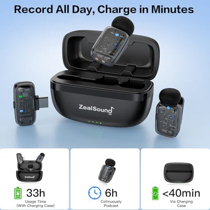 ZealSound Mini Wireless Lavalier Microphone for iPhone iPad Android, Dual Channel Wireless Mics with Noise Cancellation, Mute & Volume Control, 33H Battery Case, USB-C & Lightning Plug & Play, Black - color: Black