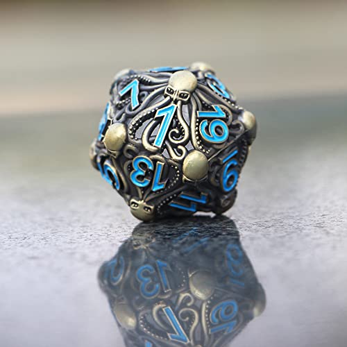 Big Octopus Metal D20 Dice - Solid Antique Bronze Finish with Blue Numbers Die, for Cthulhu Mythos, Tabletop RPGs -DNDWoW BZQB - color: Antique Octopus Dice in Blue Numbers