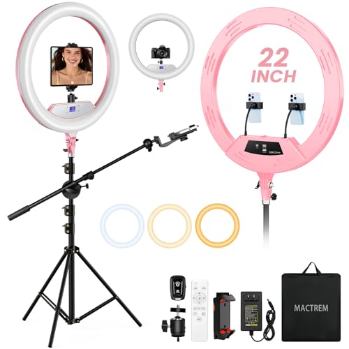 Ring Light with Stand 22inch Kit: Professional Ring Light Overhead Tripod for iPhone ipad, LCD Display/2 USB Ports for Makeup Barber Tattoo Lash Extension Video Photography Lighting (Pink) - color: Pink, size: 22Inch