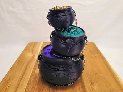 Witch's Cauldron Bowl with Bubbling Potion Lid and Chain - Spooky Halloween Goth Decor - RPG Dice Holder Stash Storage (6in Raven Skull) - size: 6in Raven Skull