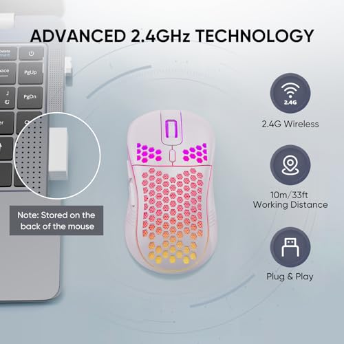 MELOGAGA Wireless Gaming Mouse RGB Rechargeable Lightweight Honeycomb White | 7-Color LED Light, 4 DPI Levels, USB-C Recharge & Stable 2.4G Wireless for PC Mac Laptop Desktop Computers - color: Wireless_White