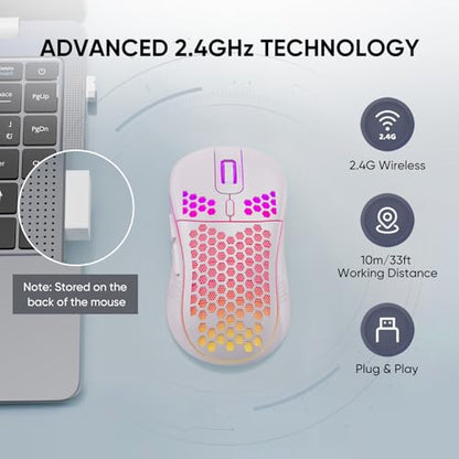 MELOGAGA Wireless Gaming Mouse RGB Rechargeable Lightweight Honeycomb White | 7-Color LED Light, 4 DPI Levels, USB-C Recharge & Stable 2.4G Wireless for PC Mac Laptop Desktop Computers - color: Wireless_White