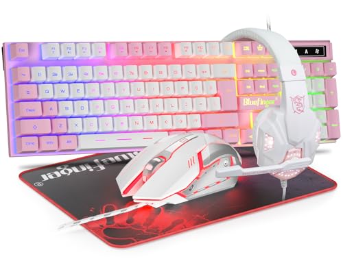 BlueFinger RGB Gaming Keyboard and Backlit Mouse and Headset Combo, USB Wired Backlit Keyboard, LED Gaming Mouse Set, Headset with Microphone for Laptop PC Computer Game and Work (Pink & White) - color: Pink & White