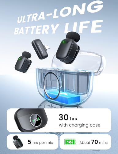 Wireless Mini Lavalier Microphone for iPhone & Android, Dual Clip-On Mics with 30H Charging Case, Intelligent Noise Cancellation, Tiny Portable Mic for Vlogging, TikTok, Live Stream, Teaching Meetings