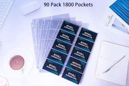 BYSTER 90 Pack 1800 Pockets Business Card Sleeves Binder Sheets, Ultra-Clear Business Card Pages for 2/3/4 Ring Binder, Double Sided 10 Pocket Credit Card Pages - color: 90 Pack Sleeves