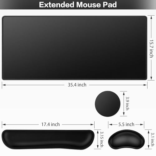 Mouse Pad Black, Mouse Pad with Wrist Rest, 4-in-1 Large Mousepad+Keyboard Wrist Rest+Mouse Pad Wrist Support+Cup Pad Set,Ergonomic Anti-Slip,Memory Foam Desk Mat for Home Office Gaming(35.4×15.7in) - color: Black