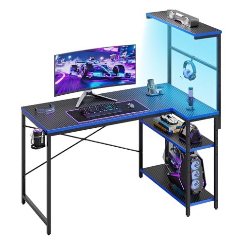 42" L-Shaped Gaming Desk with Power Outlets LED Lights, Black&Blue | Reversible Design, LED Lights, 4-Tier Storage Shelves, Headphone Hook, Foldable Cup Holder, Home Office, Small Space - color: Black&blue, size: 42 Inch