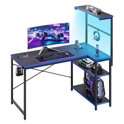 42" L-Shaped Gaming Desk with Power Outlets LED Lights, Black&Blue | Reversible Design, LED Lights, 4-Tier Storage Shelves, Headphone Hook, Foldable Cup Holder, Home Office, Small Space - color: Black&blue, size: 42 Inch