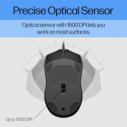 HP Wired Mouse 100 - Precise Optical Sensor with 1600 DPI - Easy USB Connection - Ambidextrous Design - 3 Button Control & Built-in Scrolling - Multi-OS Compatible (6VY96AA#ABL) - style: New